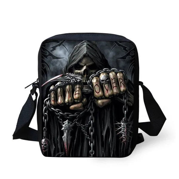 Children's messenger bag with skull patterns showing double straps and zipper closure