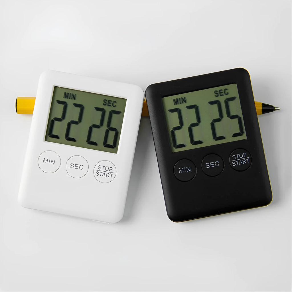 Black and white kitchen timer with magnetic back showing countdown and count up functions