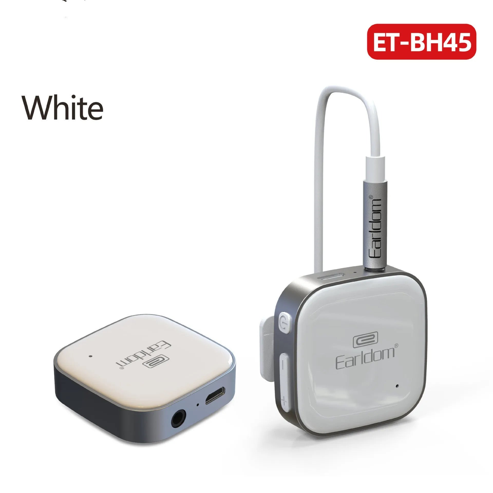 Bluetooth lavalier headset clipped to clothing showing wireless design