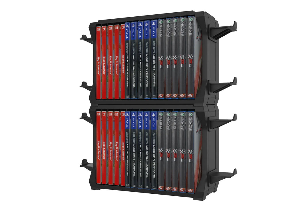 Black ABS plastic PS5 disc holder stand with slots for game cartridges and four controllers