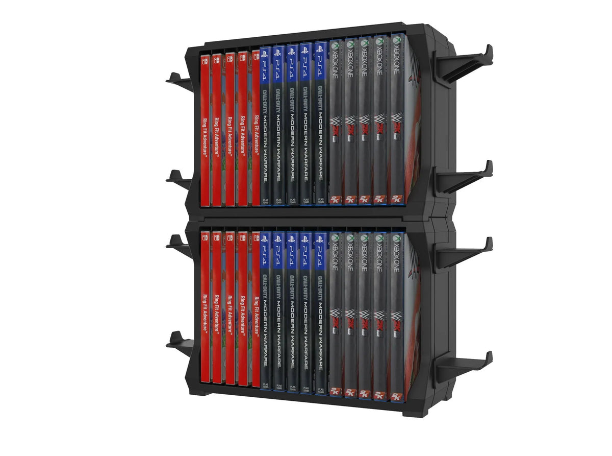 Black ABS plastic PS5 disc holder stand with slots for game cartridges and four controllers