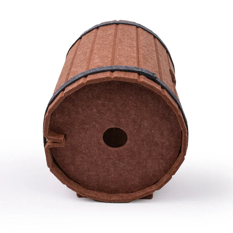 DIY assembled wine barrel shaped cat bed made from grey polyester felt panels.