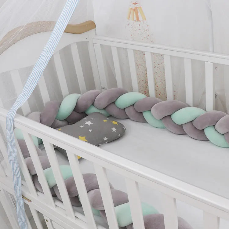 Baby crib bumper in crystal velvet with braid knot design showing flexible length options for cot protection