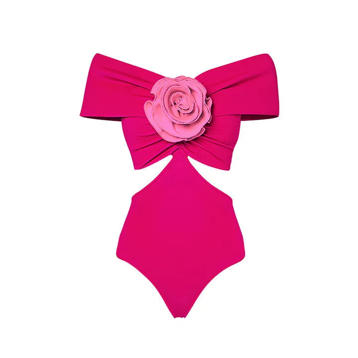Women's one-piece swimsuit with hollow-out floral pattern and matching skirt on a neutral background