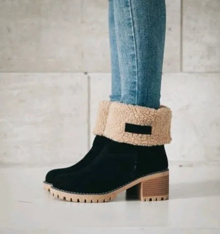 Women's mid-calf suede snow boots with a thick low heel in five colour options on a white background.
