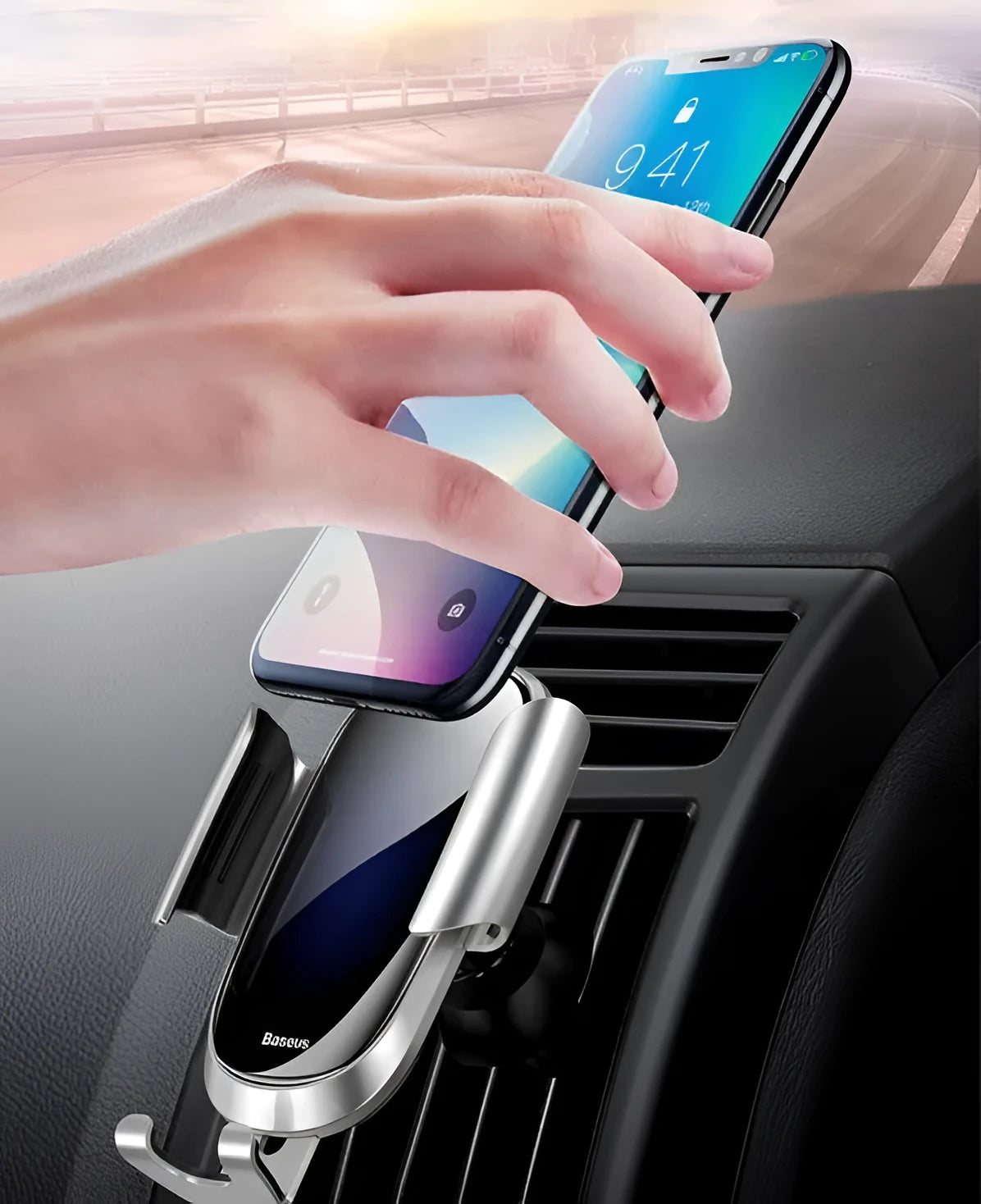 Universal smart car phone mount bracket in black, blue, or silvery colours with adjustable clamp
