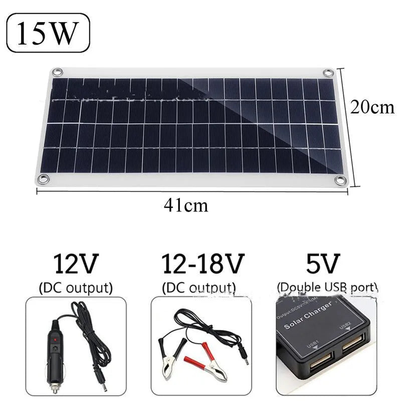 Polysilicon solar charging panel with dual USB ports for outdoor mobile phone charging.