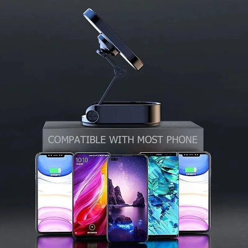 Chrome folding magnetic car phone holder shown extended and collapsed on a car dashboard.