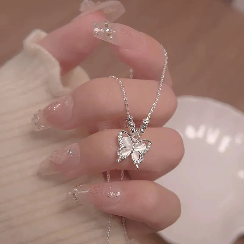 Women's square line opal butterfly necklace in 925 silver with cross chain, adjustable length