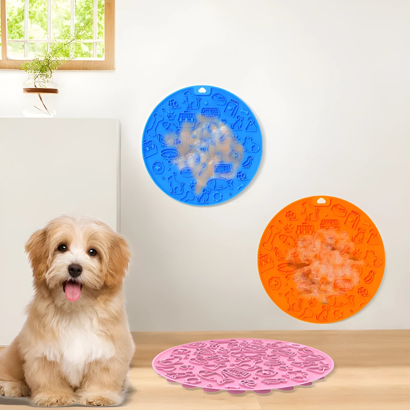 Round silicone pet licking mat with sucker base in multiple colour options