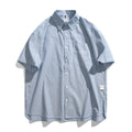 Blue striped short-sleeve shirt with loose cardigan style for casual wear