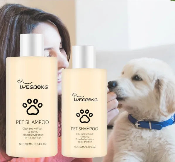 Bottle of mild pet shampoo for cats and dogs, available in 100ml and 300ml sizes.