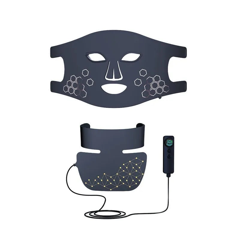 Black four-colour LED photon beauty mask with neck care function and infrared therapy for home use.