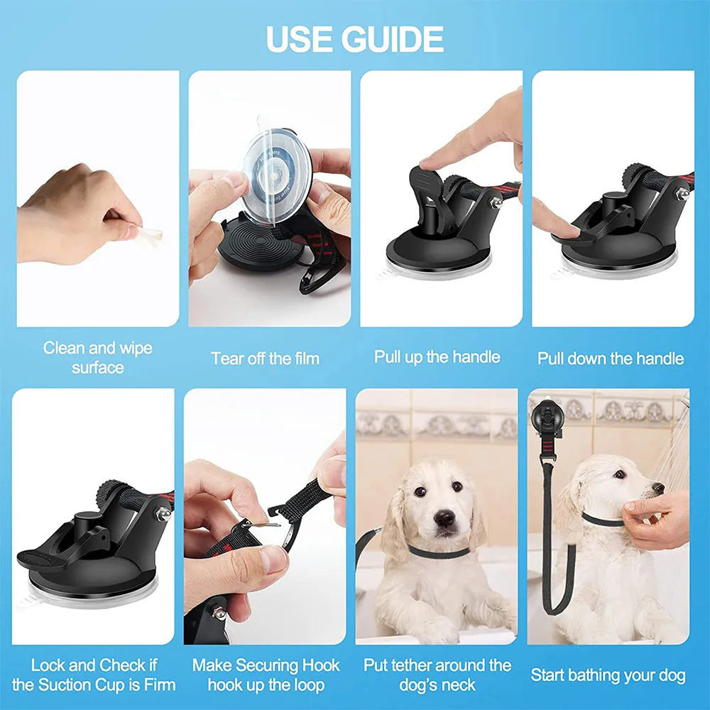Pet bathing restraint set with suction cup handcuffs and traction ropes in black and blue colour options