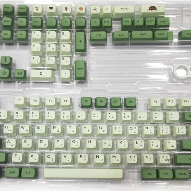 124 PBT keycaps with matcha green colour and white doubleshot legends for mechanical keyboards.