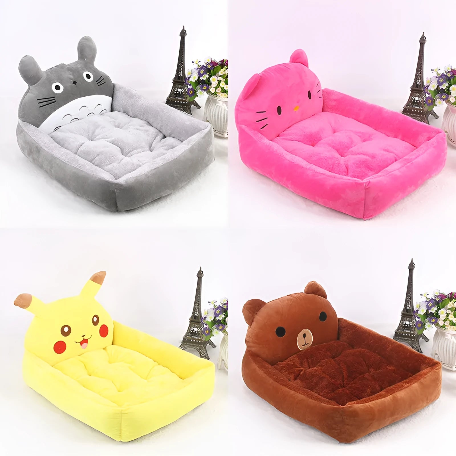 Cartoon-style sofa pet bed for small dogs and cats, shown in various colours.