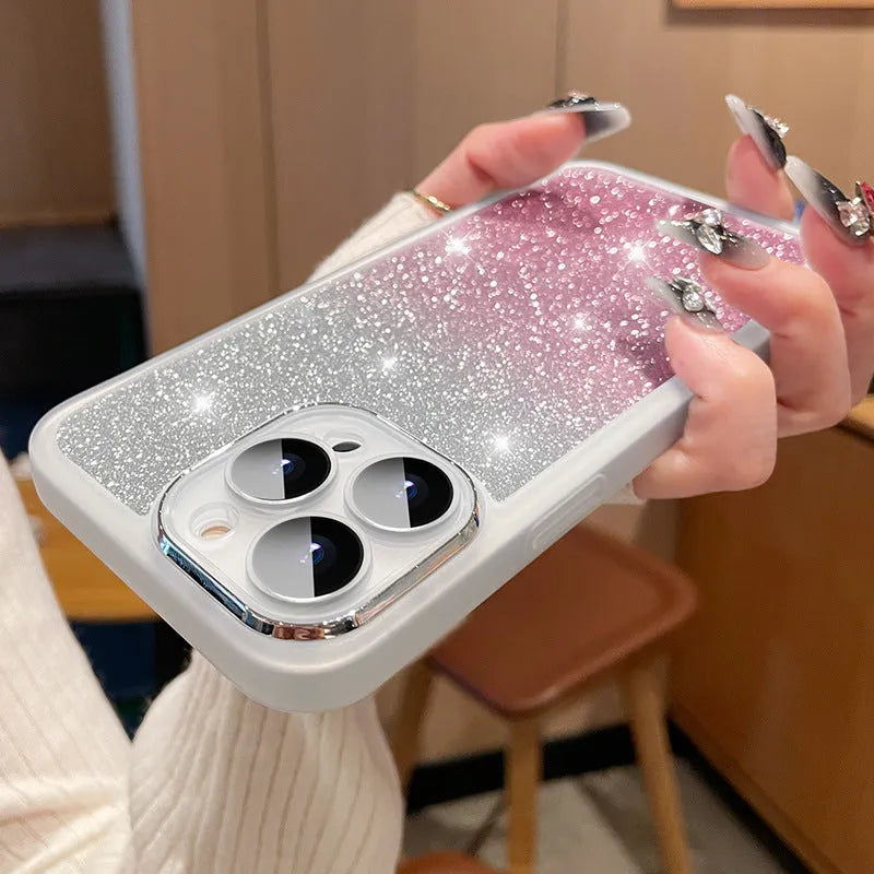 Transparent glitter gradient iPhone case with magnetic suction on a smartphone.