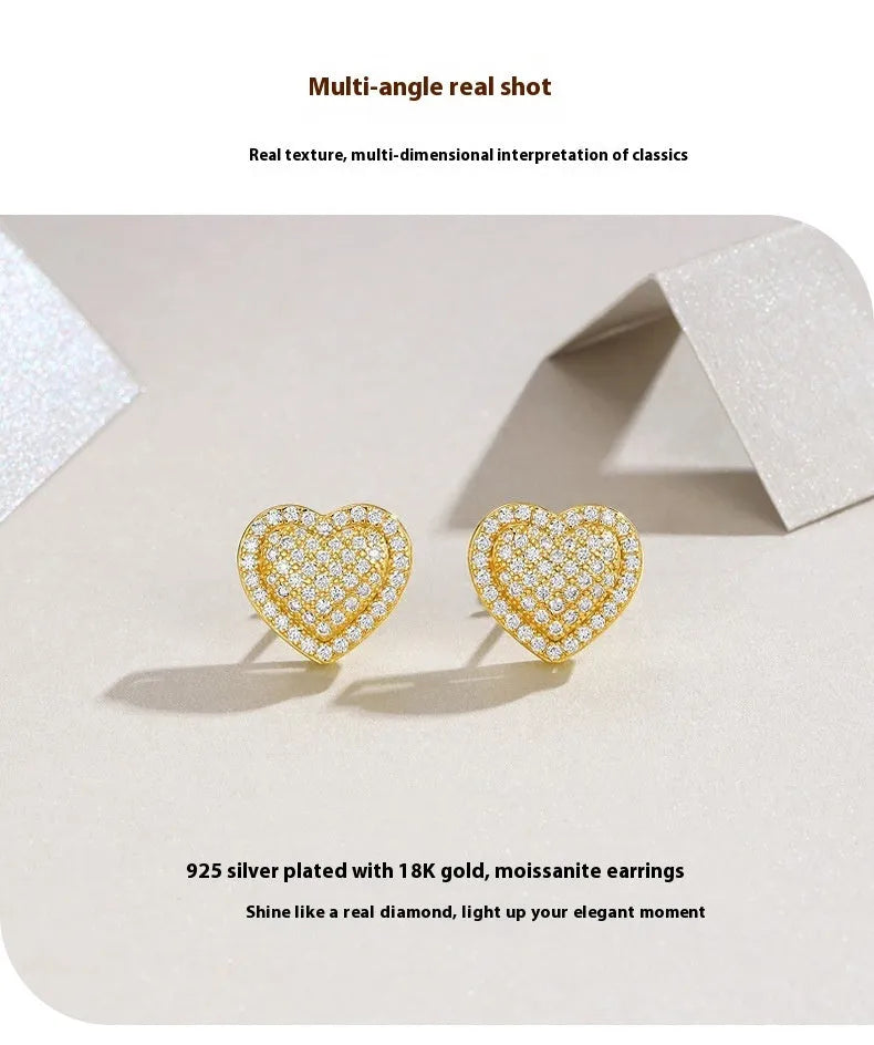 Gold heart-shaped stud earrings with moissanite stones on S925 silver