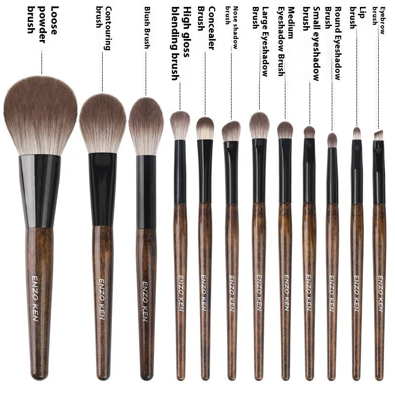 12-piece makeup brush set with wooden handles and a grey PU case