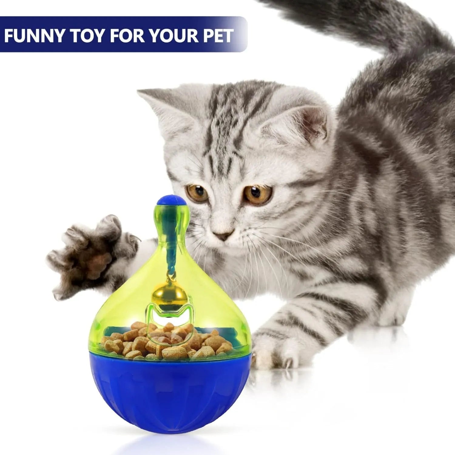 Blue tumbler-shaped pet treat dispenser toy for interactive feeding