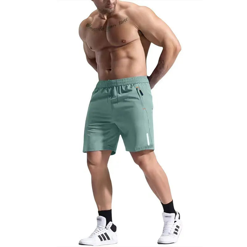 Men's grey bamboo blend sports shorts with elastic drawstring waist on a plain background.
