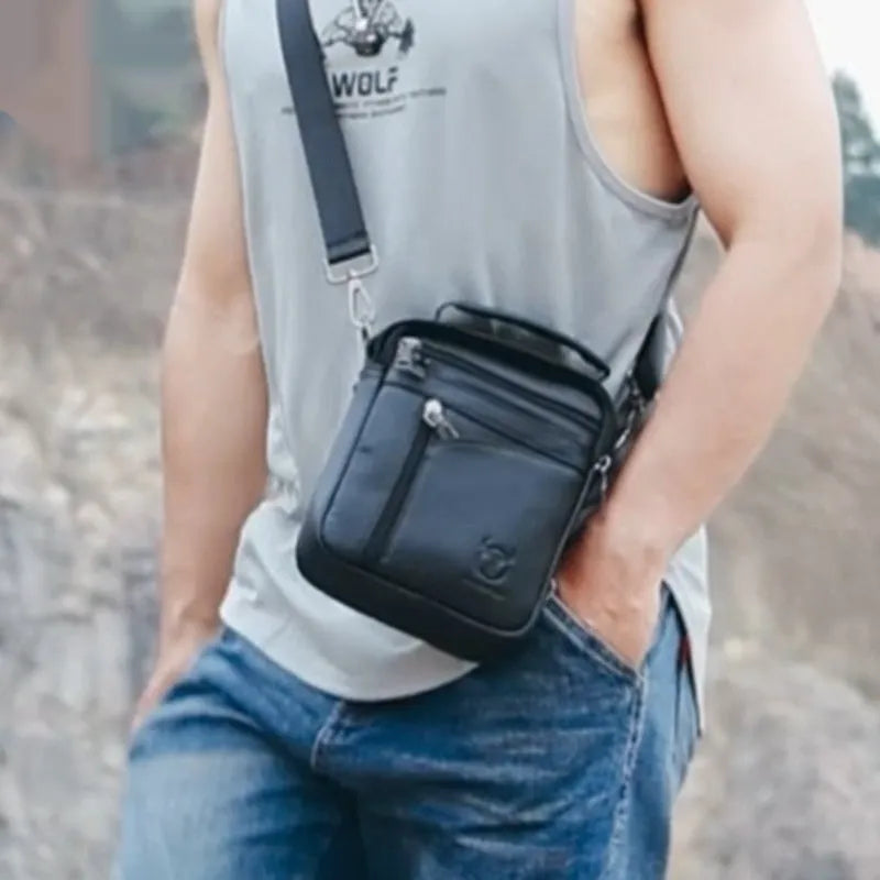 Black genuine leather men's shoulder bag with a retro business casual style.