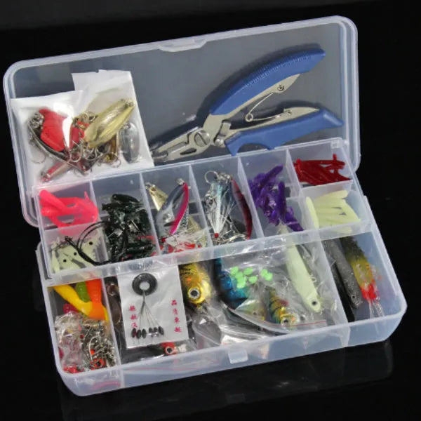 132 piece multi-function fishing lure suit with soft baits and high carbon steel hooks in Rose Red case