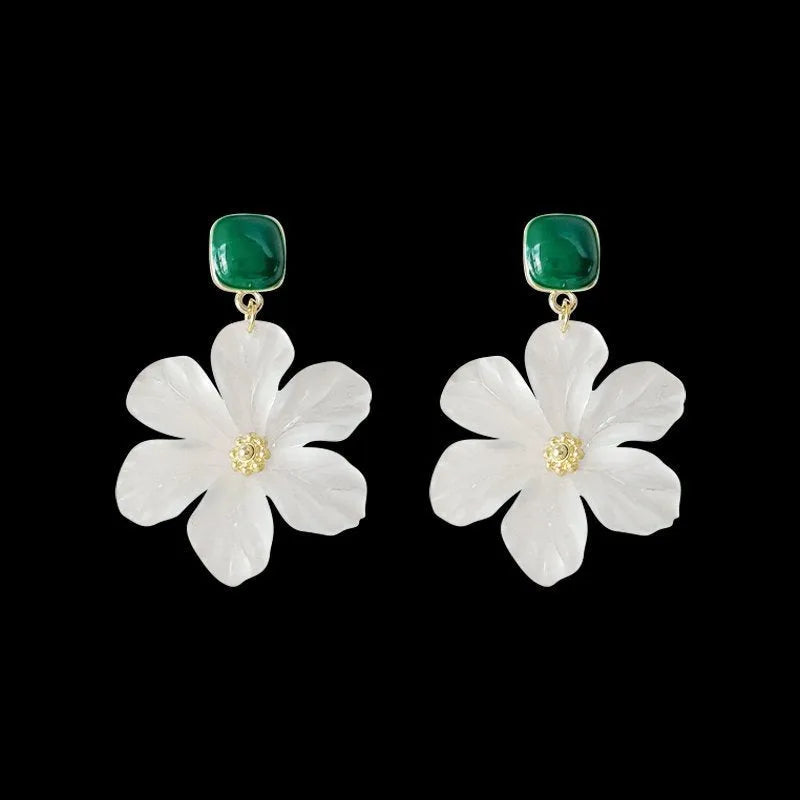 Dark green alloy needle flowers sweet drop earrings for women with floral design