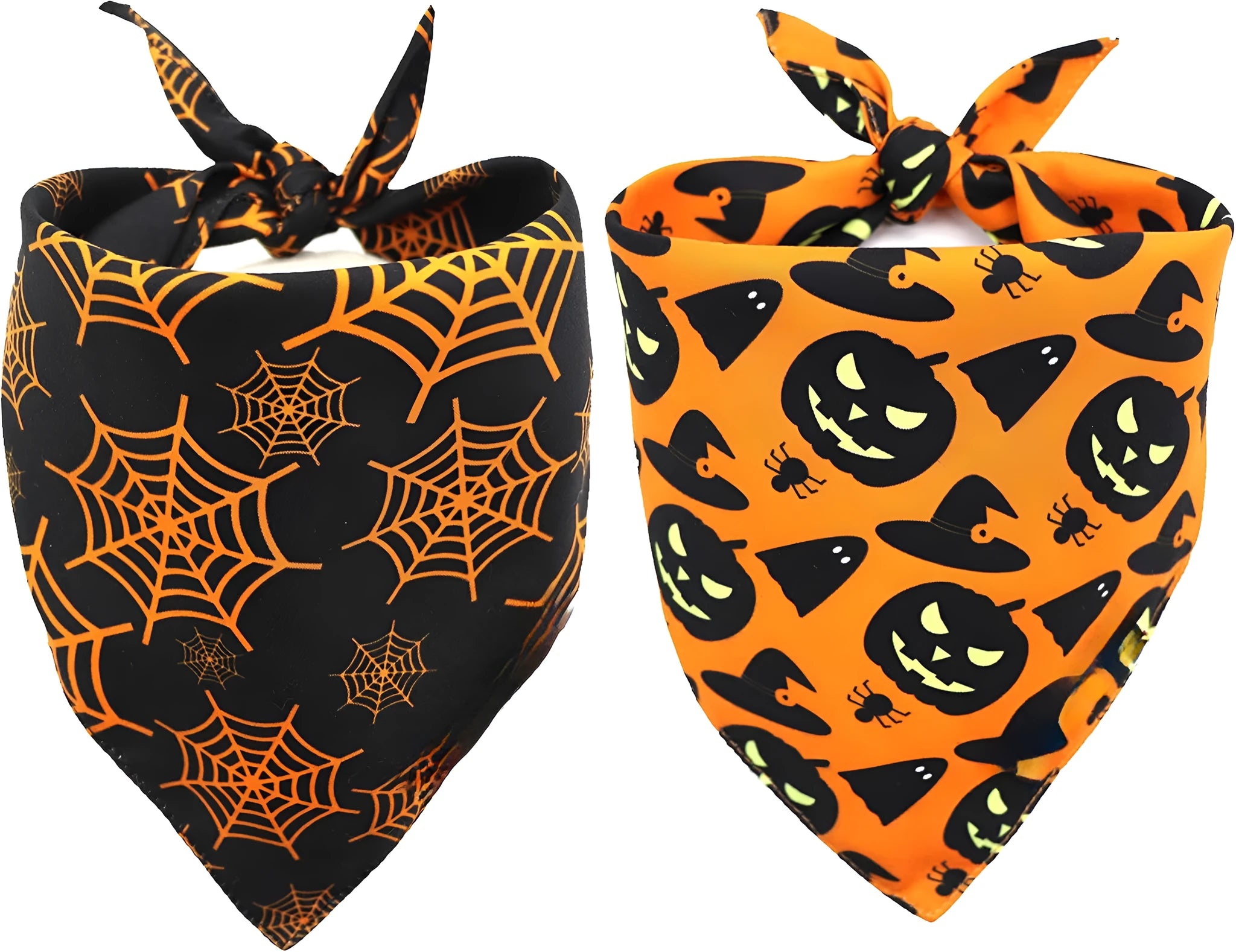 Black and orange reversible Halloween dog bandana with pumpkin and spider web patterns, showing adjustable fastening.