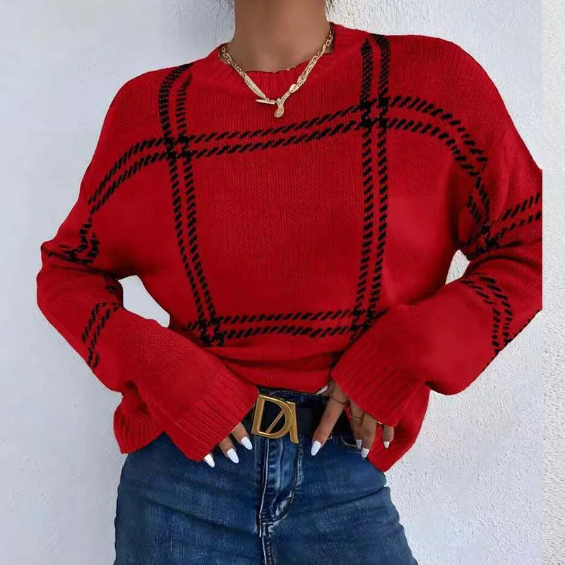 Women's loose-fitting plaid colour-block acrylic pullover sweater showing apricot, black, beige, red and green stripes