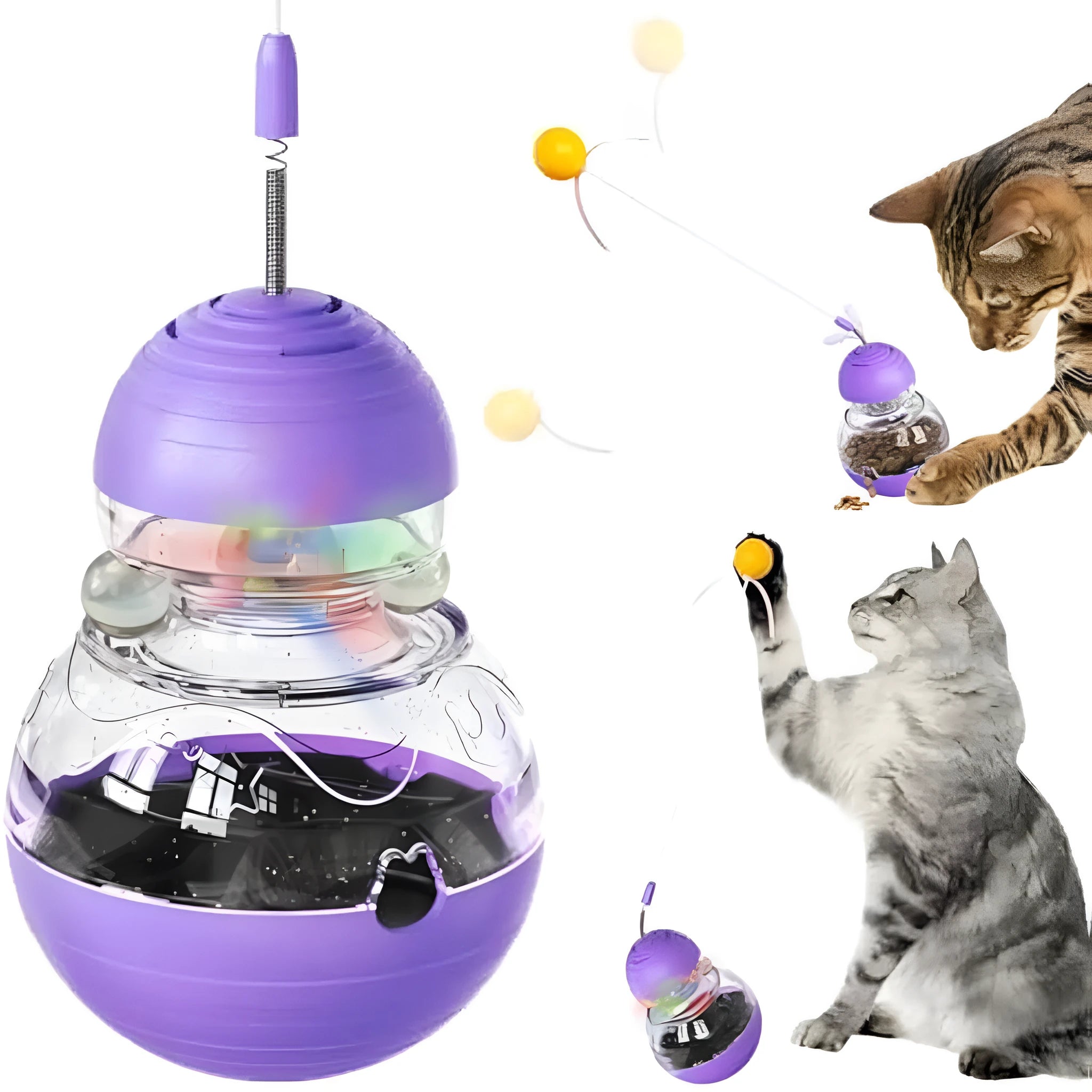 Electric yellow cat wand toy with plastic ball, ribbon teaser, and slow feeder compartment