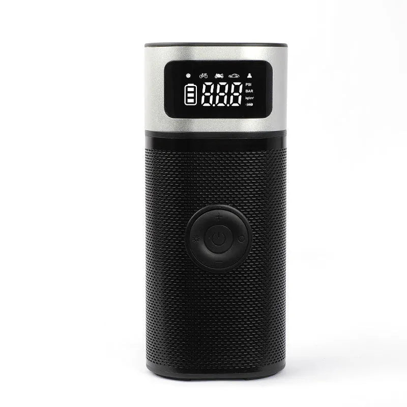 Black portable wireless vehicle air pump with digital display, LED light and flexible inflation tube