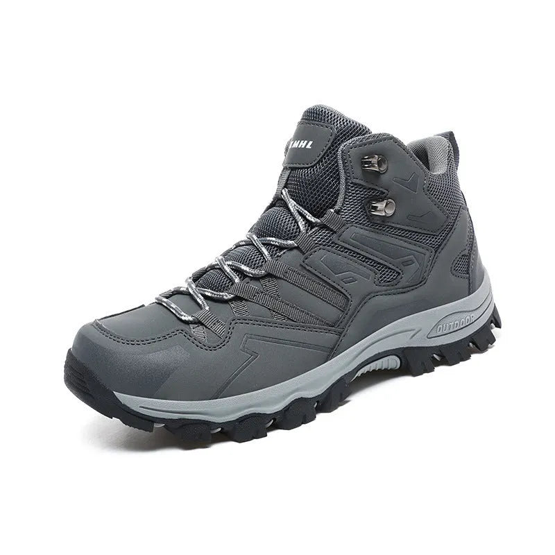 High-top hiking sneaker in light brown with front lace-up closure and natural rubber sole.