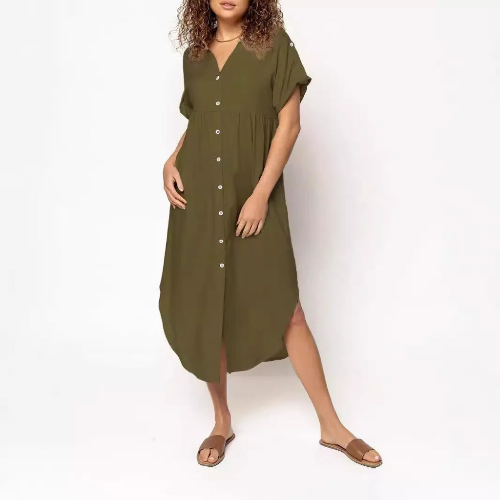 Casual mid-length button-front dress in solid colour with regular sleeves and mid-waist cut