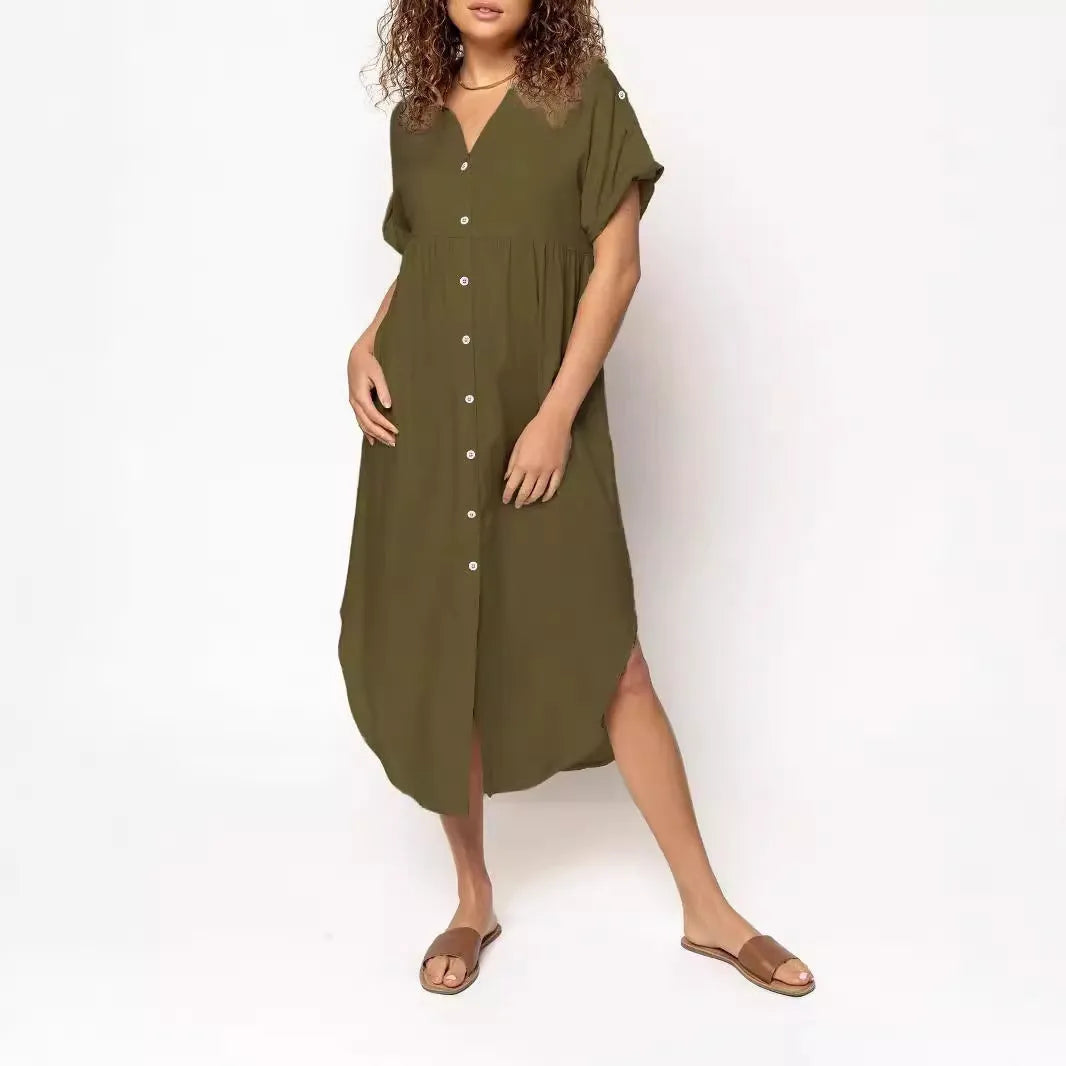 Casual mid-length button-front dress in solid colour with regular sleeves and mid-waist cut