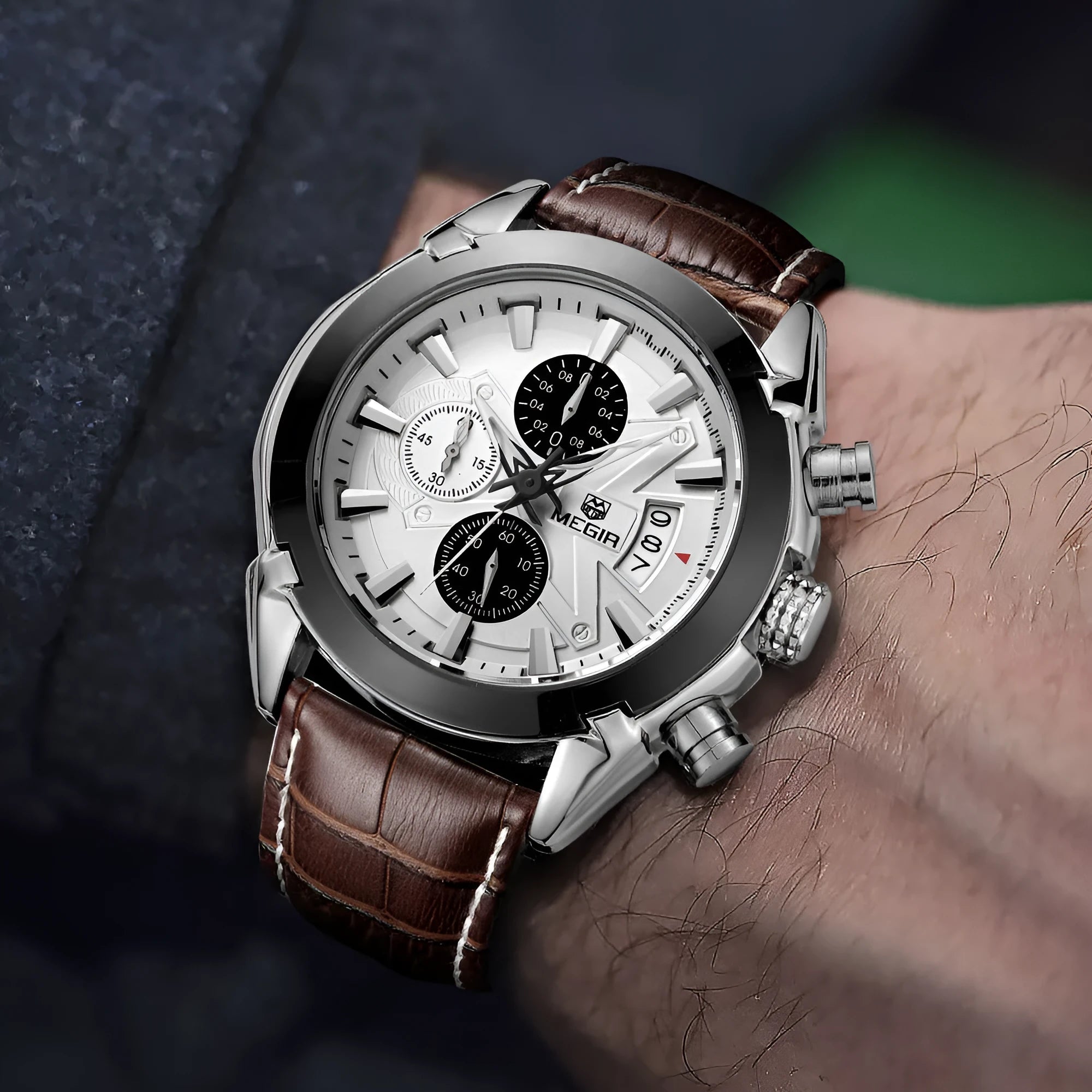 Men's analogue chronograph watch with three dials, six hands, luminous display and waterproof casing