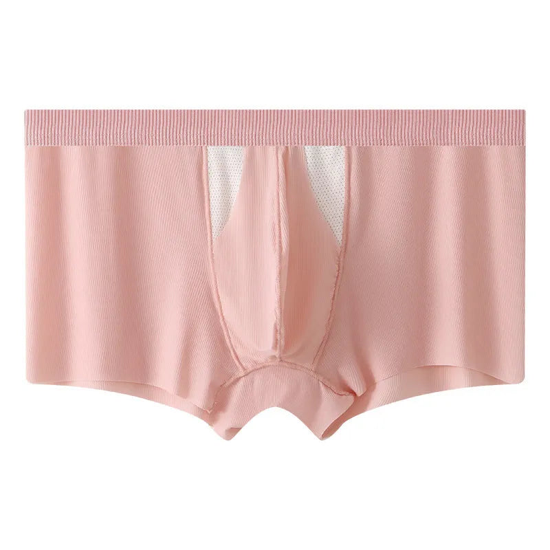 Men's black ice silk underwear shorts showing the double-layer hole bag design for dry wet separation.