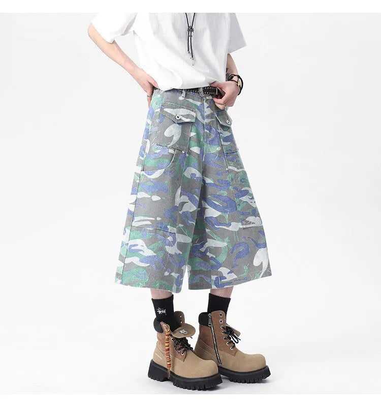 Denim camouflage cropped trousers with straight leg and front pocket workwear design