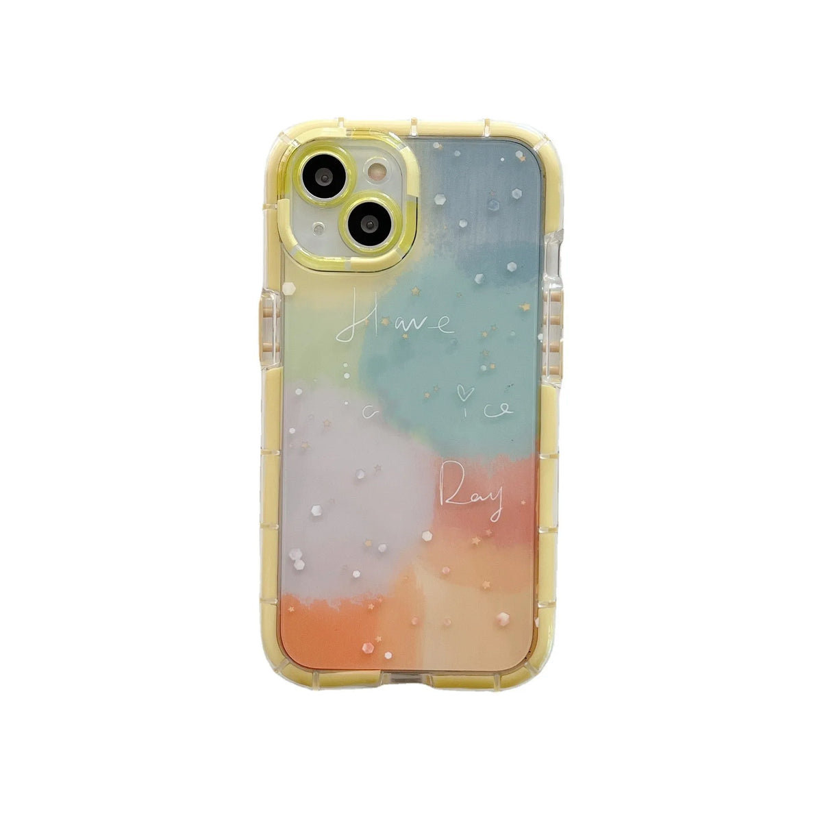 Minimalist contrast colour silicone phone case for iPhone 14 with a yellow edge.
