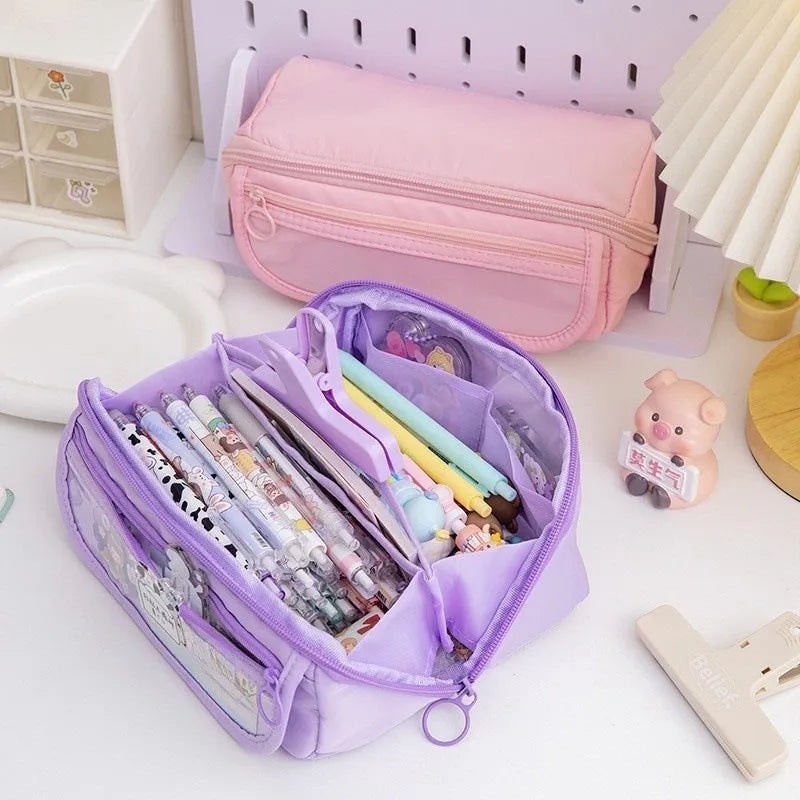 Korean style canvas pencil case with ten-layer flip design open to show multiple compartments