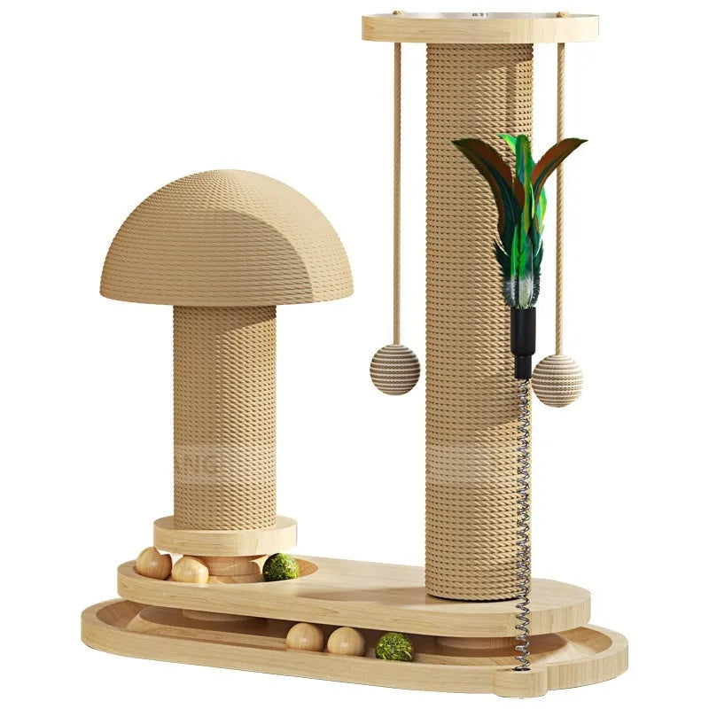 Solid wood cat scratching post with turntable and climbing elements for indoor feline exercise