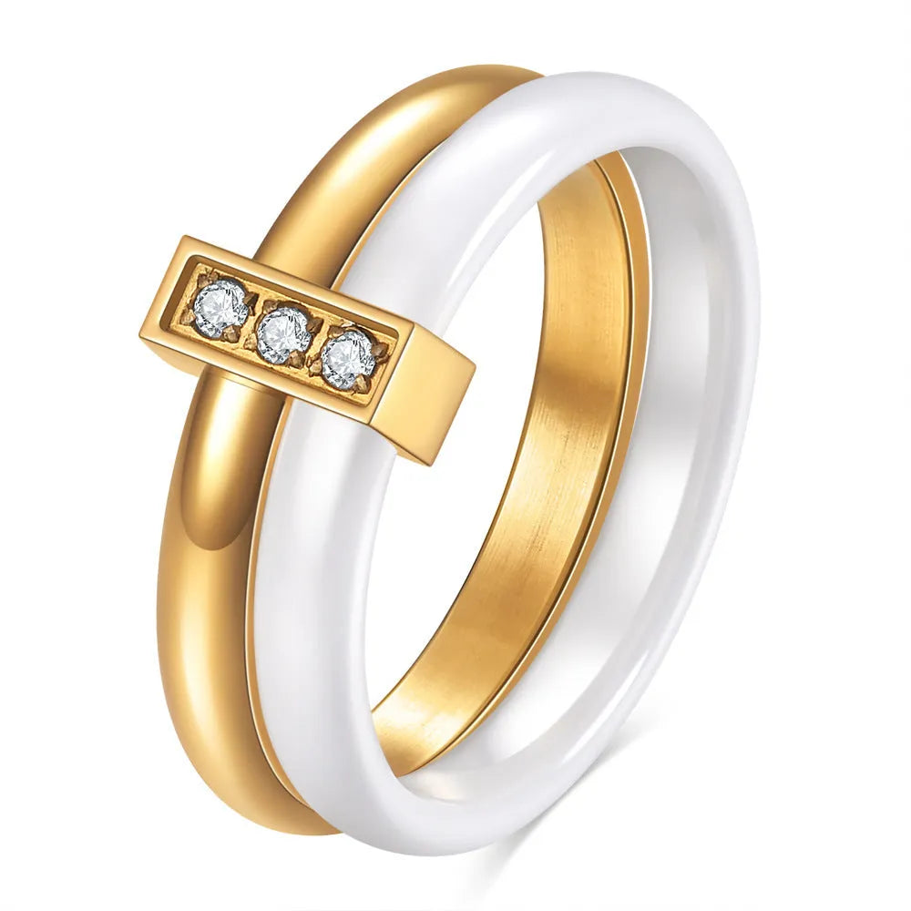 Ceramic geometric ring for women with zirconium stones and glossy stitching, 6mm width