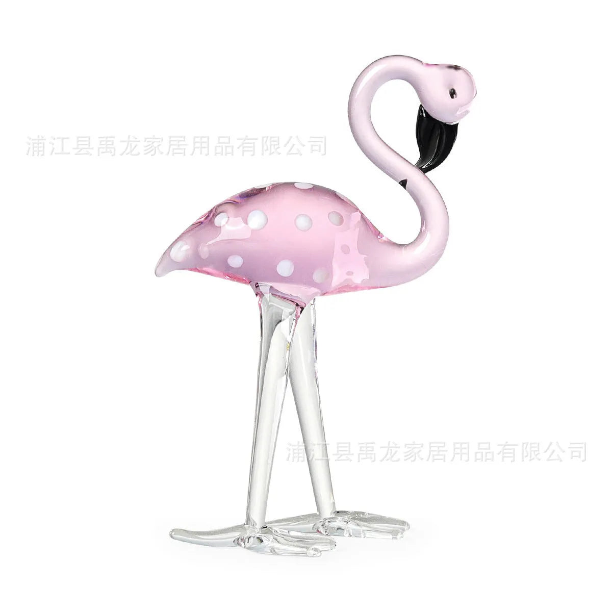 Pink flamingo crystal animal decoration on a tabletop in separate and juxtaposition styles.