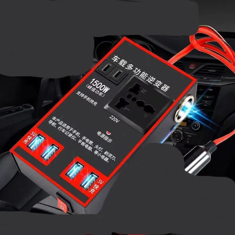 Black automotive power converter with 220V socket and 4 USB ports for 12V/24V vehicle systems