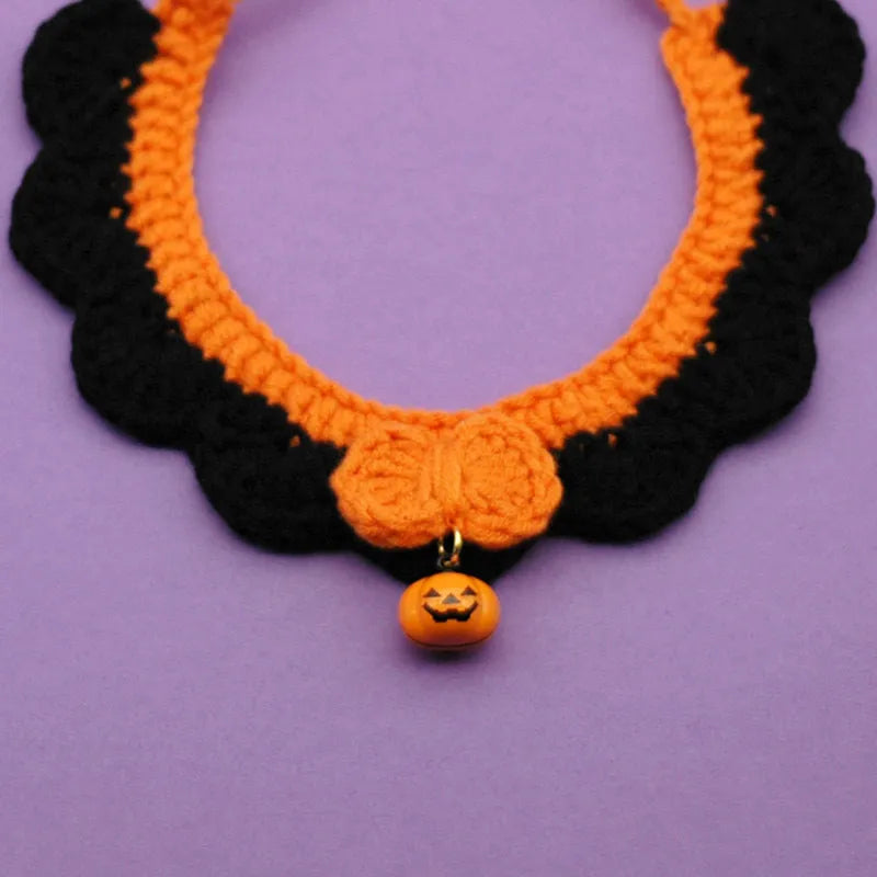 Hand-crocheted wool pet collar in Silent Pumpkin colour with adjustable sizing