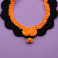 Hand-crocheted wool pet collar in Silent Pumpkin colour with adjustable sizing