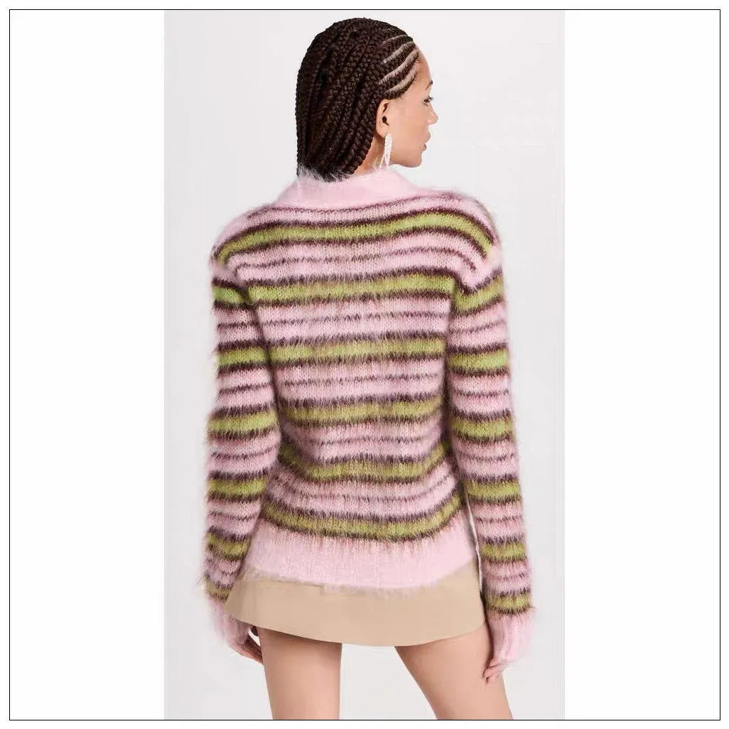 Pink women's wool cardigan sweater in Haima lazy coat style, shown as both a round neck pullover and an open cardigan.