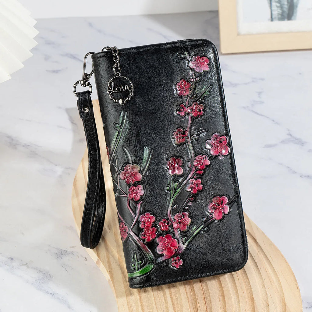Embossed hand-painted Chinese style zipper handbag with floral pattern in brown PU material