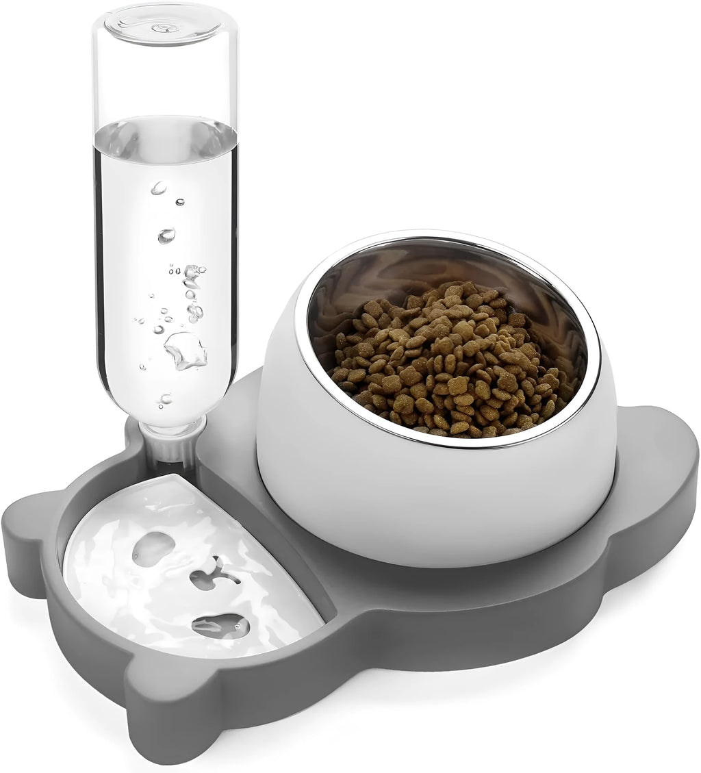 Panda-shaped elevated pet food and water bowl set with automatic dispenser bottle on stable base