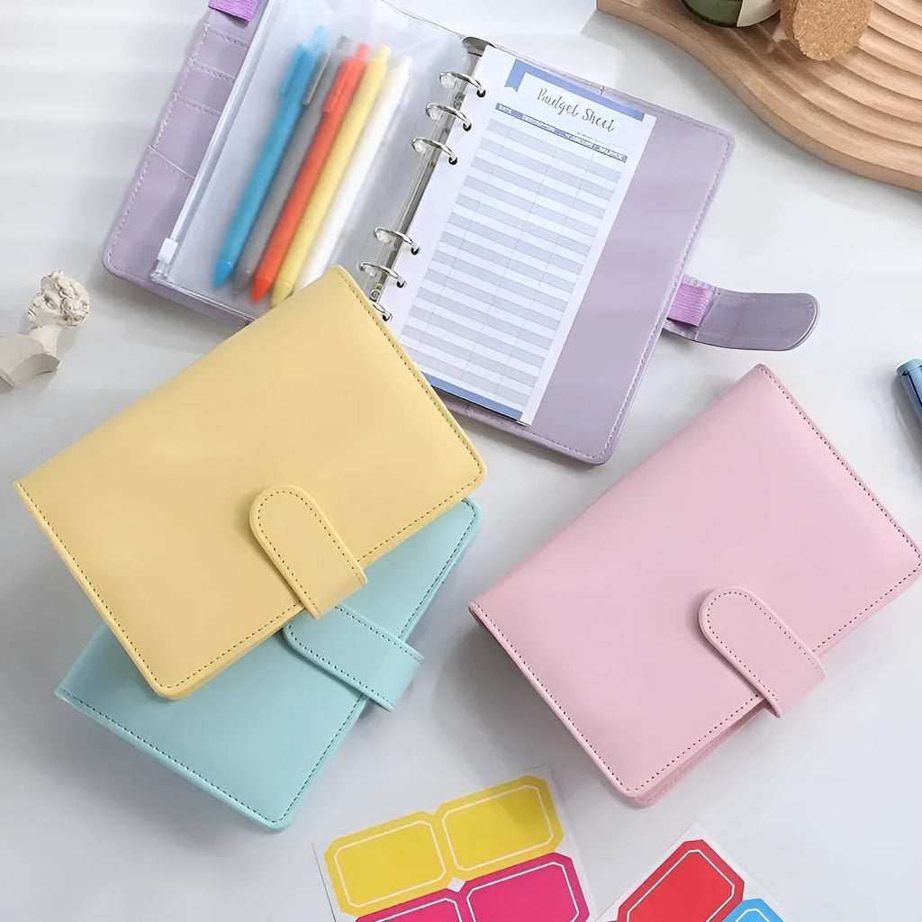 A5 PU leather zipper notebook shell in solid colour, shown open and closed.